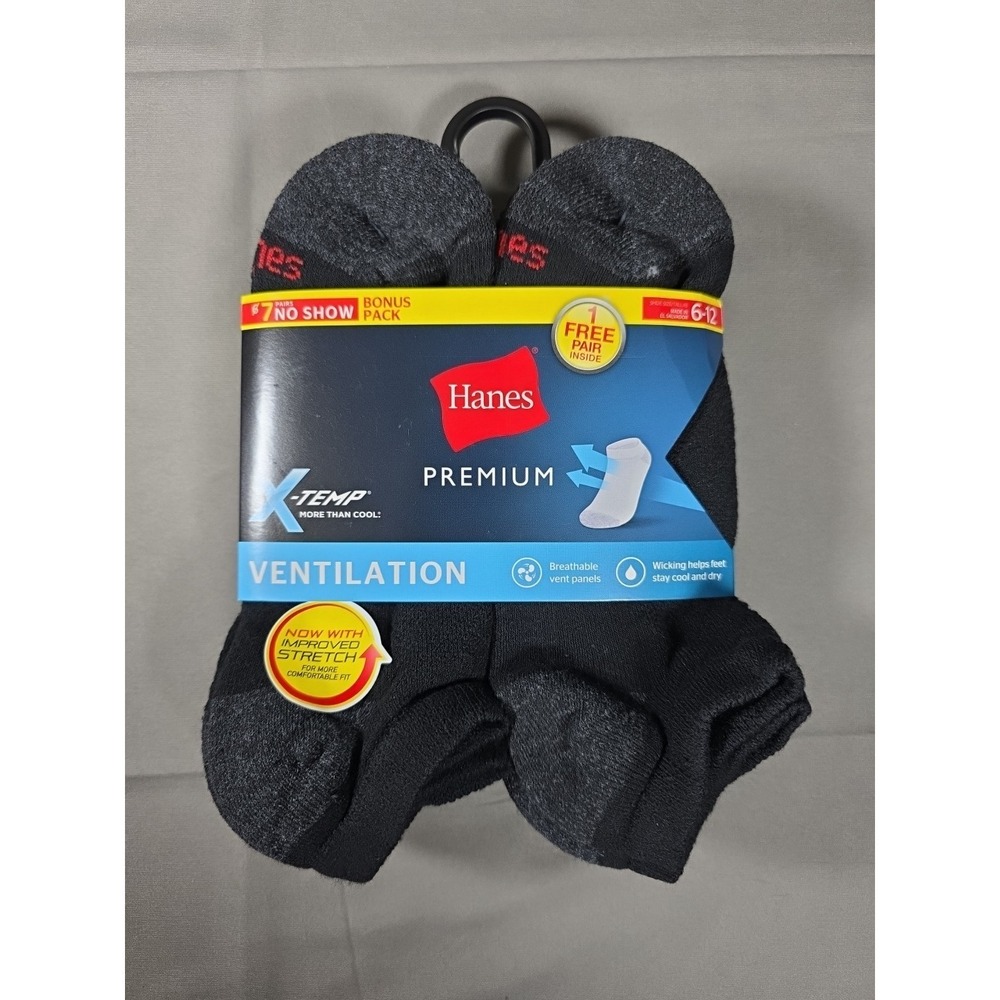 Hanes Premium X-Temp Ventilation Socks 6-12 Men's - Black, Pack of 7